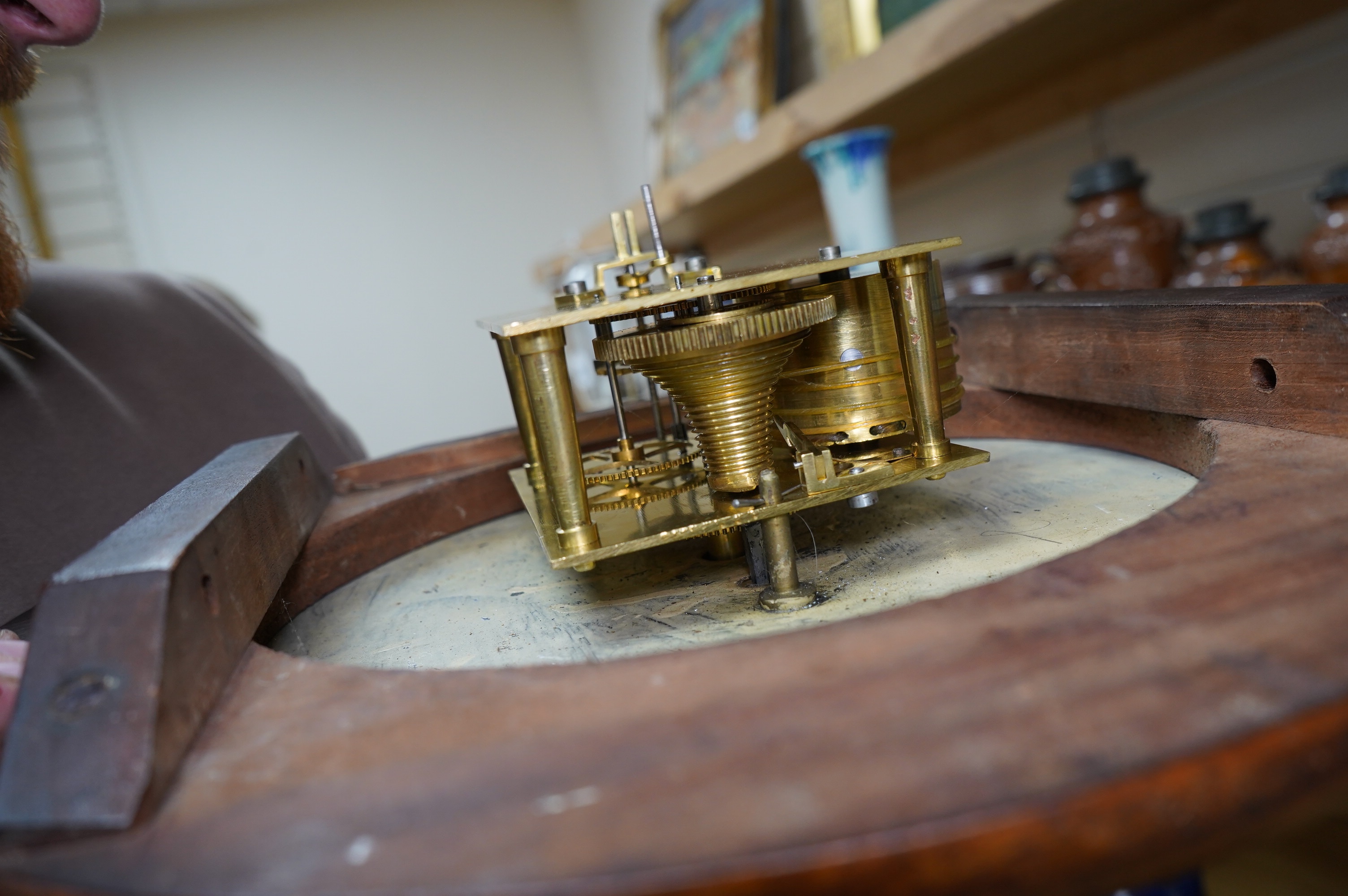 A Victorian mahogany circular dial wall timepiece, single fusee movement, 38cm diameter. Condition - fair, not tested